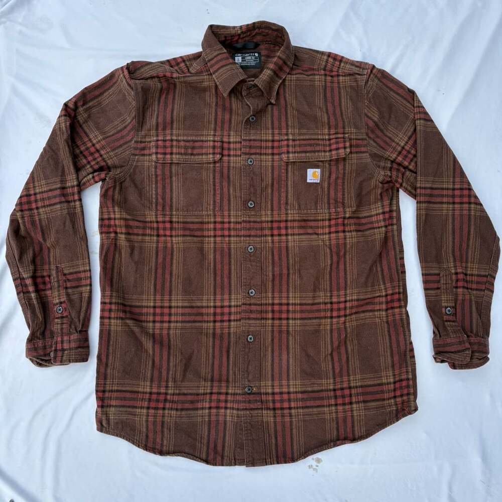 Carhartt Heavyweight Flannel Shirt Mens L Tall Loose Fit Plaid Brown TW4451-M